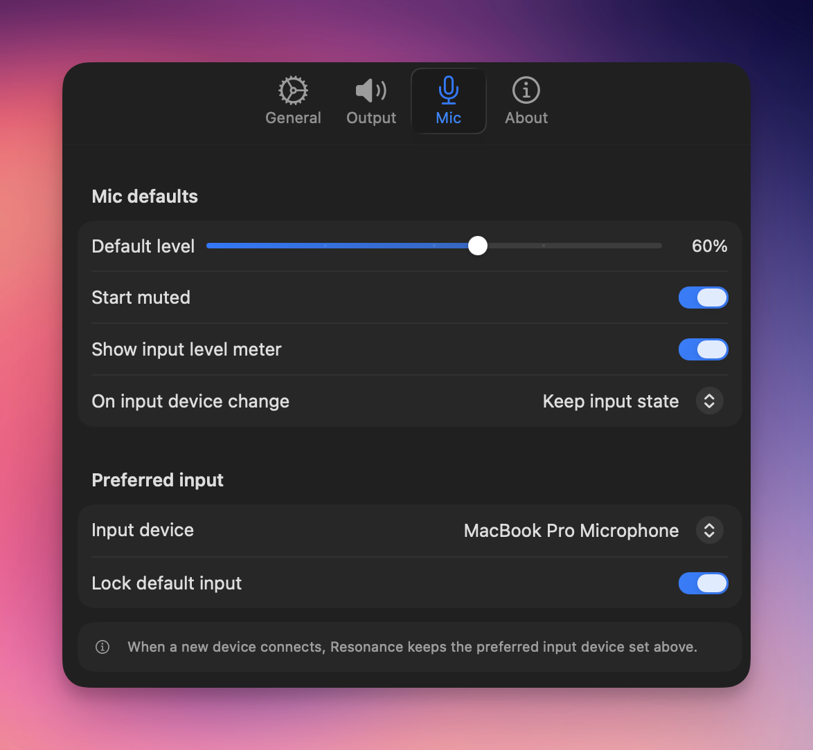 Sotto Default Devices settings with pinned input and pinned output