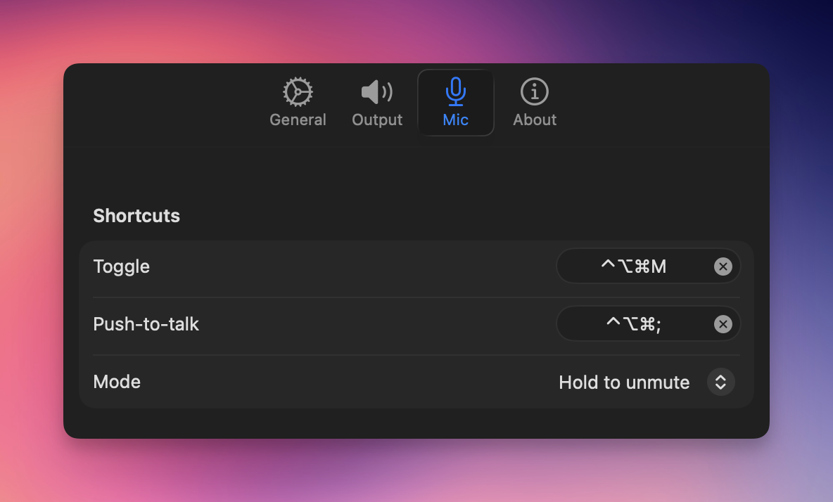 Sotto shortcut settings with a global mute toggle and a push-to-talk binding