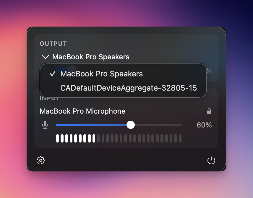 Sotto menu bar dropdown showing the current mic, the current output device, and a live-state indicator